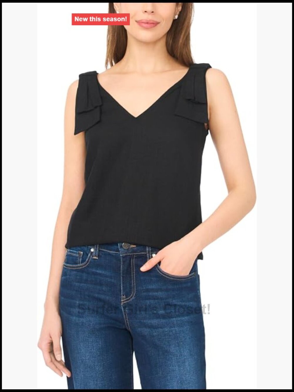 CeCe Tank Bow Strap Linen Blend V-Neck Sleeveless